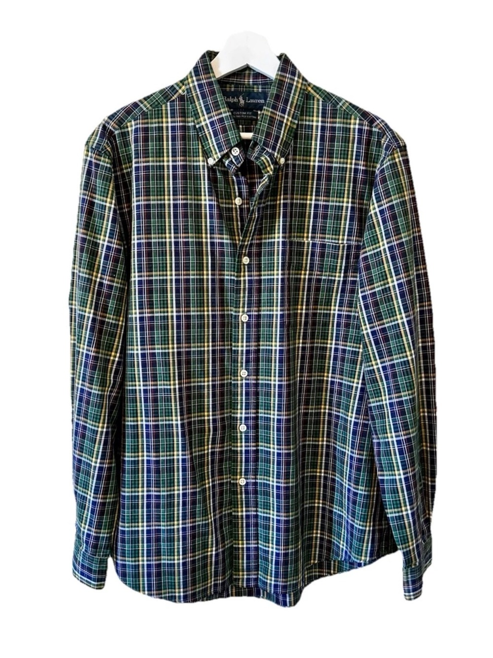 Ralph Lauren Green Blue Plaid Button-Down Shirt Size L Preppy Classic Cotton